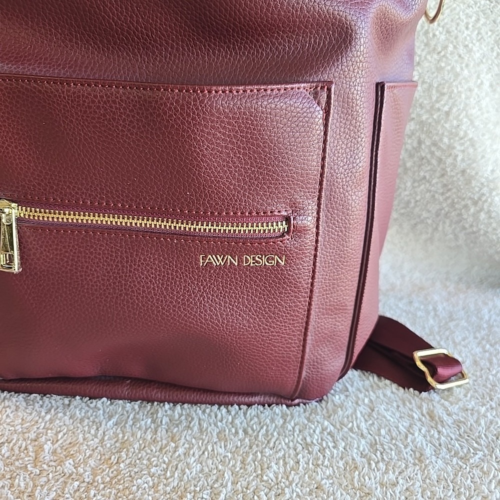 Fawn Design Diaper Bag and Backpack Color: Burgundy Pockets Strap New - Picture 2 of 16